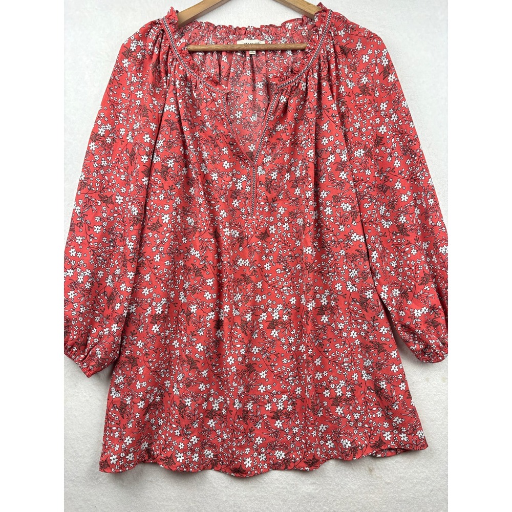 Max Studio Peasant Blouse Womens 1X Floral Split Neck Boho Cottagecore